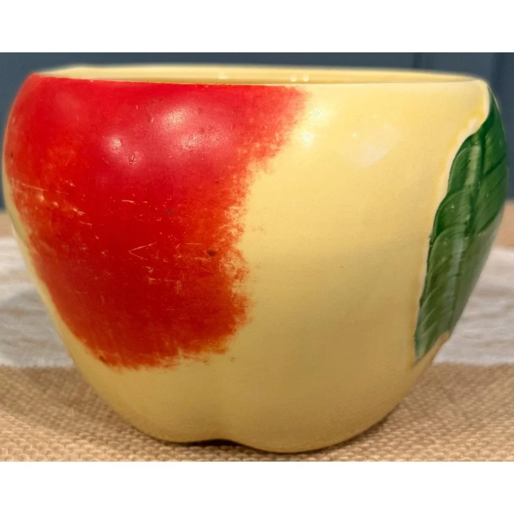 Vintage Ceramic Apple Planter Hand Painted Red Yellow Fruit Bowl Succulent Pot